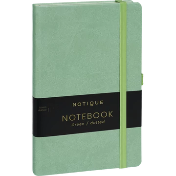 Keménytáblás notesz pontozott vonalozással krémszínű lapokkal leszorító gumiszalaggal Green 130x210mm, Presco