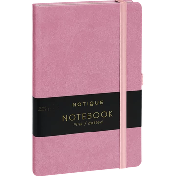 Keménytáblás notesz pontozott vonalozással krémszínű lapokkal leszorító gumiszalaggal Pink 130x210mm, Presco