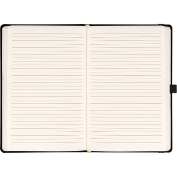 Keménytáblás notesz vonalas krémszínű lapokkal leszorító gumiszalaggal Black 130x210mm, Presco