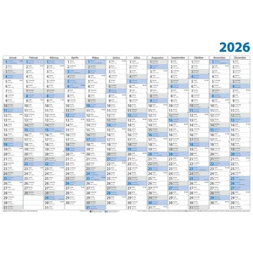 Plakátnaptár 980 × 680 mm, fehér lapokkal kék ívben Dayliner 2026.