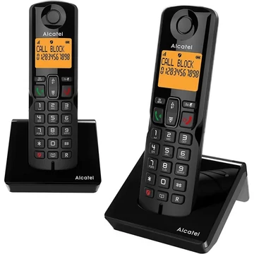 Telefonkészülék ALCATEL S280 DUO (vezeték nélküli, 1 bázis, 2 kézibeszélő, nagy kijelző, DECT) fekete/narancssárga Telefonkészülék ALCATEL S280 DUO (vezeték nélküli, 1 bázis, 2 kézibeszélő, nagy kijelző, DECT) fekete/narancssárga
