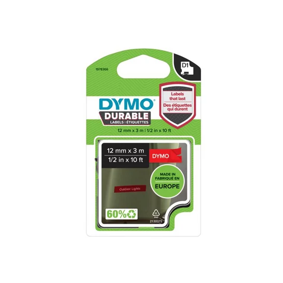 Feliratozógép szalag tartós Dymo D1 1978366 12mmx3m ORIGINAL fehér/piros