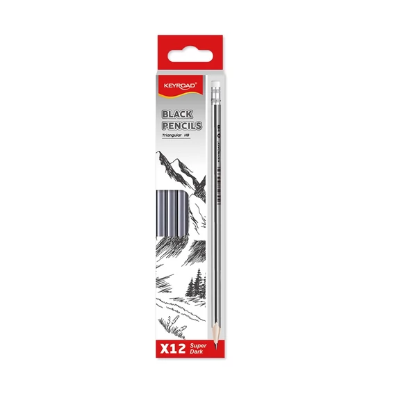 Grafitceruza HB, radíros, háromszögletű 12 db/bliszter Keyroad Black