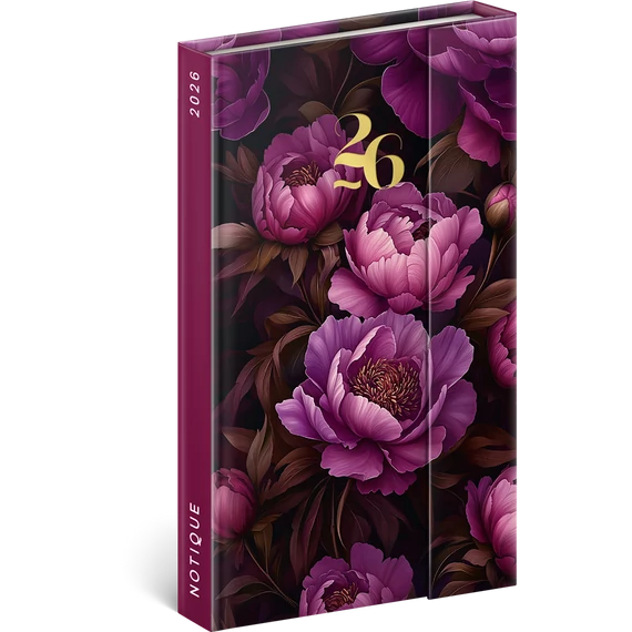 Határidőnapló mágnessel záródó, fehér lapokkal Purple Flowers 130x160 mm, Presco