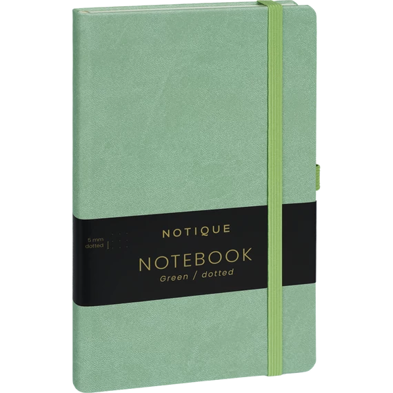 Keménytáblás notesz pontozott vonalozással krémszínű lapokkal leszorító gumiszalaggal Green 130x210mm, Presco