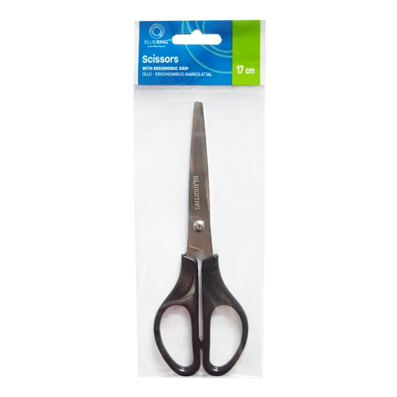 Olló 17cm, műanyag fekete nyél hegyes penge Bluering®
