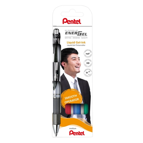 Rollertoll zselés 0.7mm, Pentel EnerGel BL77-4, fekete, kék, piros, zöld