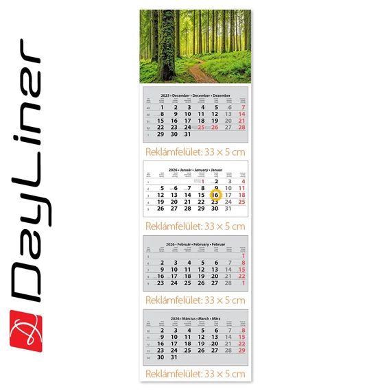 Speditőr naptár 4 tömb, 4 hónap SP-4 330 × 1100 mm, fehér lapokkal Erdő Dayliner 2026. Speditőr naptár 4 tömb, 4 hónap SP-4 330 × 1100 mm, fehér lapokkal Erdő Dayliner 2026.
