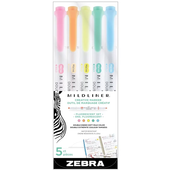 Szövegkiemelő készlet, 1,4/4 mm, kétvégű, Zebra Mildliner Fluorescent, 5 szín