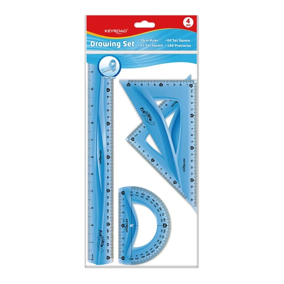 Vonalzókészlet, 30 cm, flexibilis vonalzó, szögmérő, 45° és 60° háromszög vonalzók 4 db/bliszter Keyroad vegyes színek
