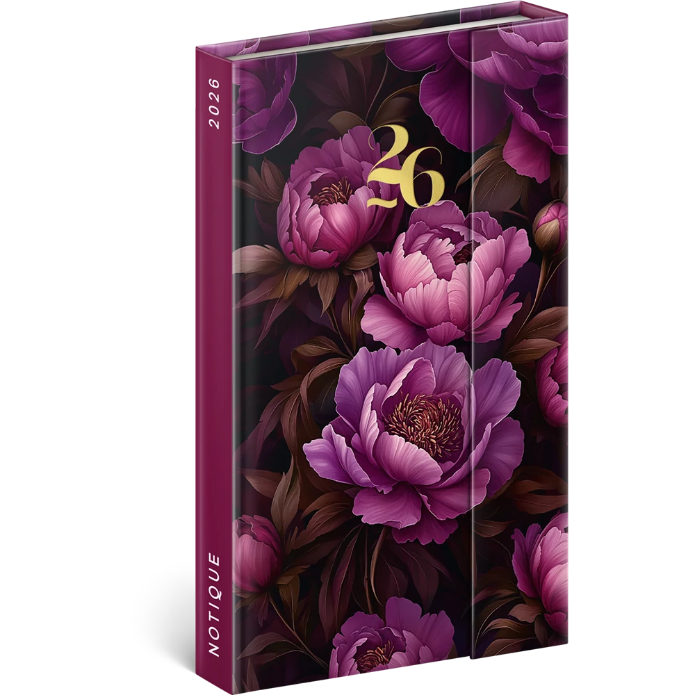 Határidőnapló mágnessel záródó, fehér lapokkal Purple Flowers 130x160 mm, Presco