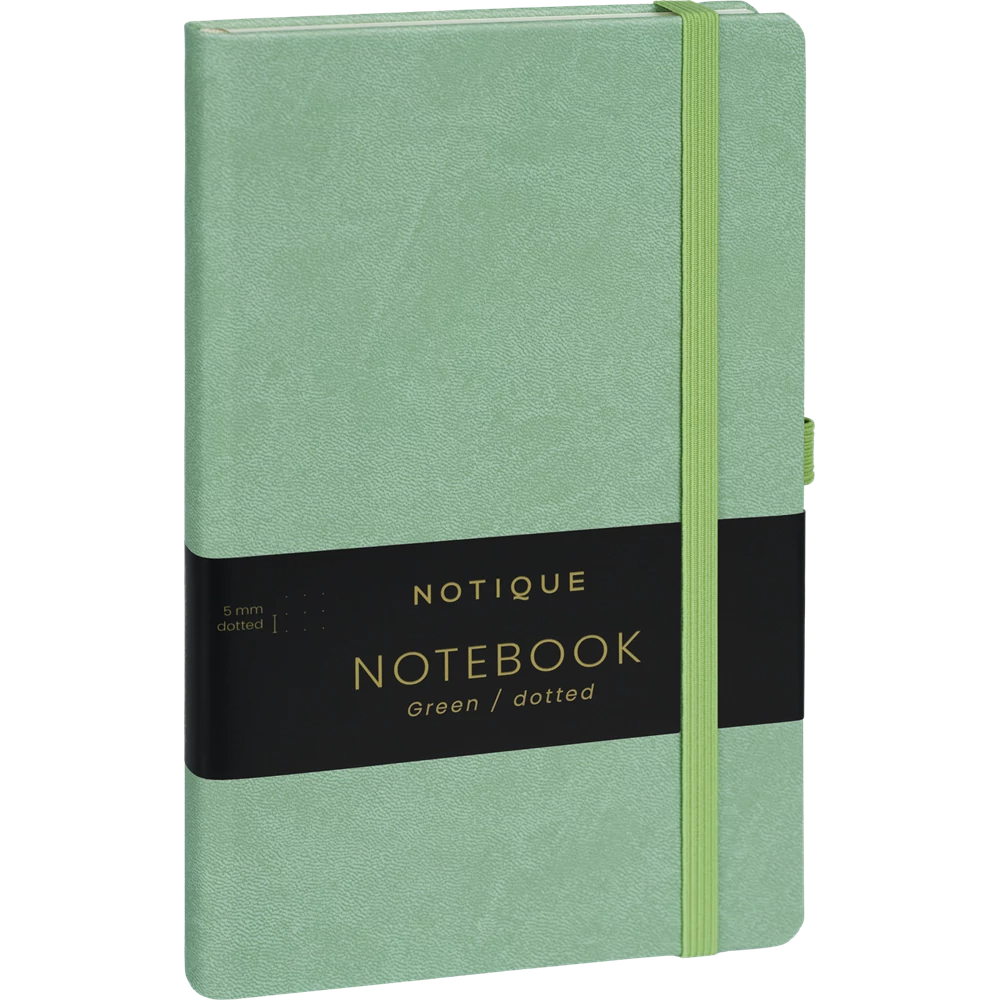 Keménytáblás notesz pontozott vonalozással krémszínű lapokkal leszorító gumiszalaggal Green 130x210mm, Presco