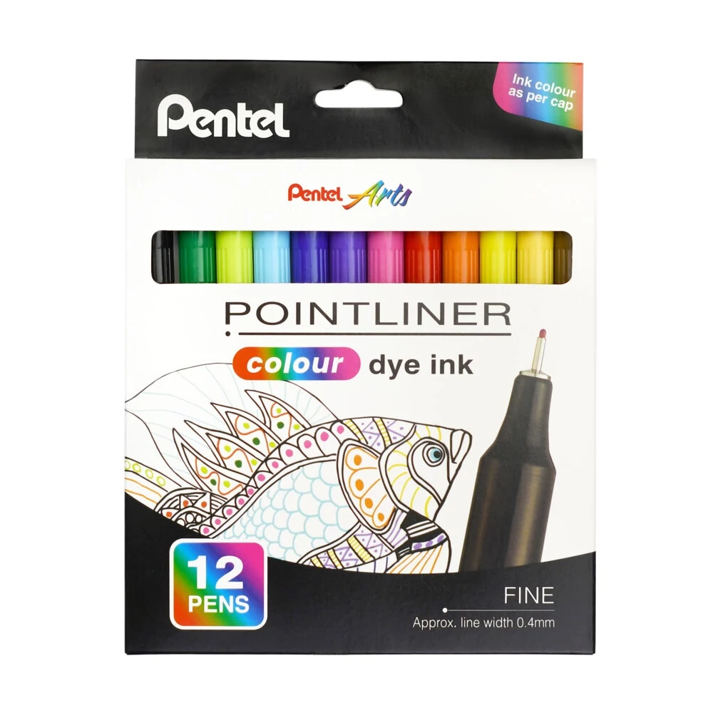 Rostirón, tűfilc készlet, 0,4 mm, Pentel Pointliner 12 klf. szín