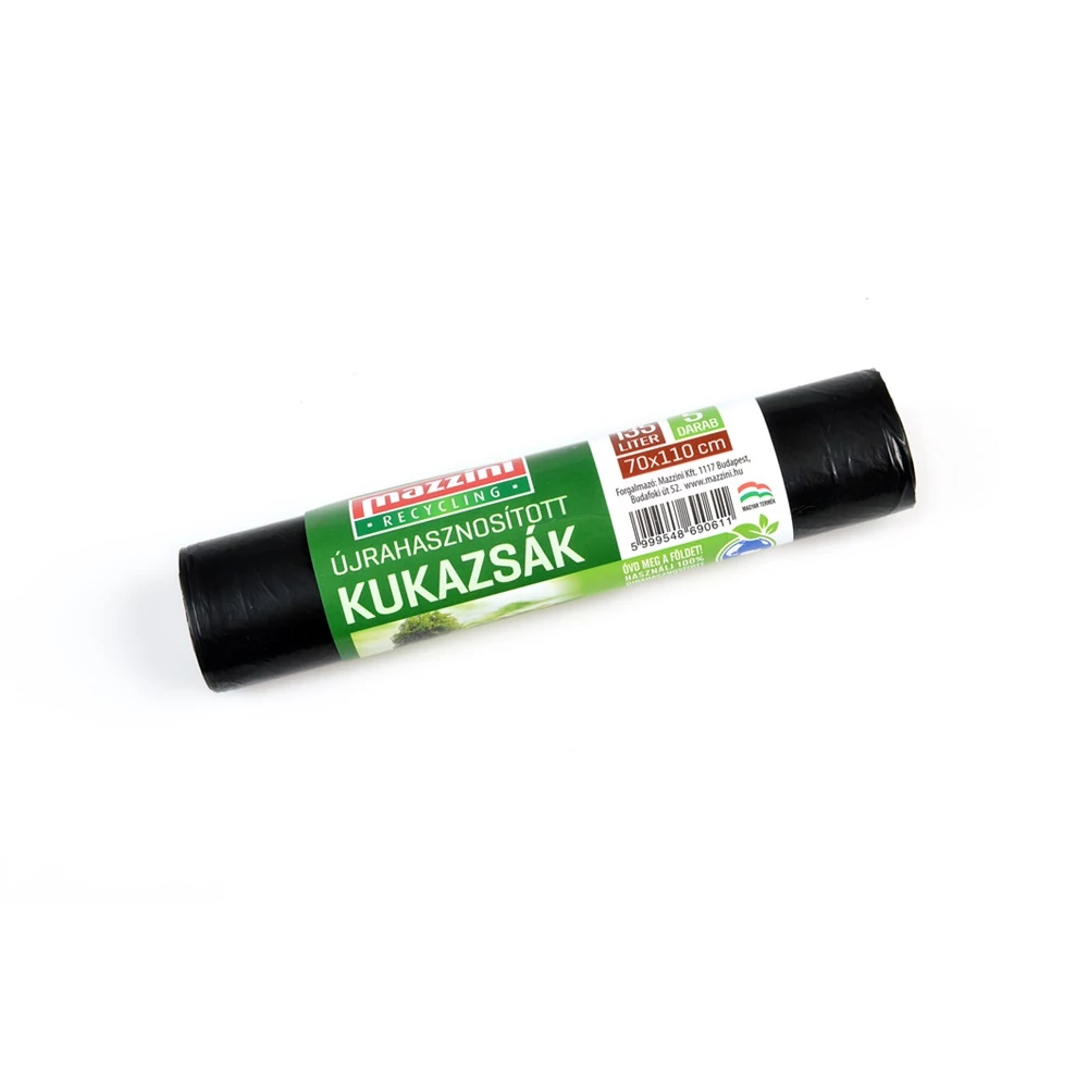 Szemeteszsák újrahasznosított 135 liter 70 x 110 cm 17 mikron 5 db/tekercs Mazzini_fekete