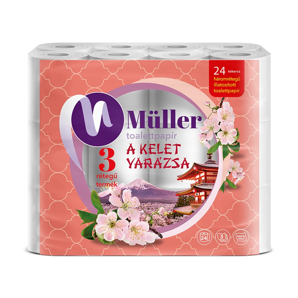 Toalettpapír 3 rétegű kistekercses 100% cellulóz 24 tekercs/csomag Kelet Varázsa Müller fehér